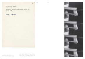 A two-page spread from a book. On the left is a typed card by Yoko Ono from 1955, titled Lighting Piece, with the instruction: Light a match and watch till it goes out. On the right is a vertical strip of grainy, black-and-white film stills showing a close-up of a match igniting, from Ono's 1966 film based on the text piece.