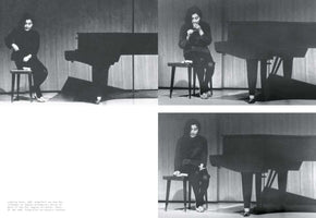 A black and white composite image showing three photographs of Yoko Ono performing her conceptual art piece, Lighting Piece. Seated on a stool next to a grand piano on a stage, she is shown in sequence as she strikes a match and calmly watches it burn.