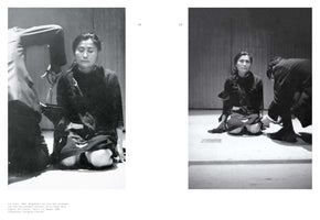 A two-panel, black and white photograph of Yoko Ono's 1964 performance, Cut Piece. In the left image, a close-up shows Ono kneeling with her eyes closed as a man cuts the sleeve of her black top with scissors. The image on the right is a wider shot where another man kneels to cut her skirt, with her clothes now in tatters as she looks toward the viewer.