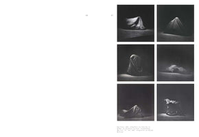 A two-page book spread. The left page is blank. The right page features six black-and-white photographs documenting Yoko Ono's performance art, Bag Piece, from 1964. The photos by George Maciunas show figures completely concealed beneath a large cloth in various poses on a dark, spotlit floor.