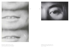 A black and white page spread from a book featuring two grainy film stills of Yoko Ono from 1966. On the left, page 108 shows two blurry close-ups of her smiling mouth from Mieko Shiomi's Disappearing Music for Face. On the right, page 109 shows a tight close-up of her eye from her film EYEBLINK.