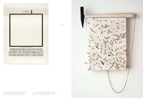 A page from a book showing two artworks side-by-side. On the left, a black-and-white poster by Yoko Ono has a large empty square with the words ADD COLOUR and an arrow pointing into it. On the right is the artwork Painting to Hammer a Nail, a white board with many nails hammered into it, a hammer resting on top, and a chain dangling from the side.