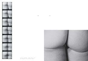 A black-and-white two-page book spread featuring images from Yoko Ono's Film No. 4 (Bottoms). The left page shows a vertical film strip with eight frames, each a close-up of a person's buttocks. The right page displays a large, grainy, close-up photograph of a pair of buttocks. Page numbers 166 and 167 are visible.