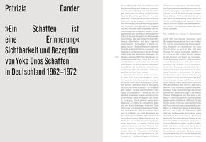 A two-page spread from a German book. On the left, the title page for an article by Patrizia Dander reads: Ein Schatten ist eine Erinnerung, followed by the subtitle Sichtbarkeit und Rezeption von Yoko Onos Schaffen in Deutschland 1962–1972. The right page contains the body of the text.