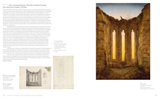 A two-page spread from an art book about the work of Caspar David Friedrich. On the right is a large painting of the ruins of a Gothic church interior, with three tall arched windows glowing with the golden light of a sunset. The left page contains German text about the artwork, along with two smaller preparatory sketches.