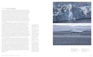 A two-page spread from a book about artist Susan Schuppli. The left page contains a block of German text. The right page displays two photographs. The top image shows a glacier wall with a vibrant, rainbow-colored, iridescent light effect on its surface. The bottom image shows a single, large iceberg floating in a calm, grey sea, with the text THERMAL INVERSION written over the water.