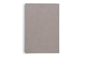 An overhead view of a vertically oriented, plain, grayish-brown rectangular object, likely a notebook or book cover, casting a soft shadow on a white background.