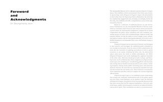 A two-page spread from a book or catalog. The left page has a large, bold heading that reads Foreword and Acknowledgments, with Dr. Seungchang Jeon written below. The right page contains several paragraphs of text introducing an art exhibition by Elmgreen & Dragset at the Amorepacific Museum of Art.