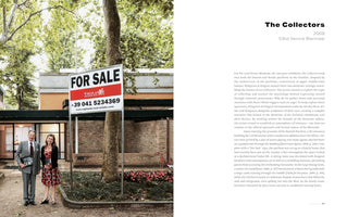 A page spread from a book about the 2009 Venice Biennale exhibition, The Collectors. On the left is a photo of a man in a grey suit and a woman in a patterned dress posing as real estate agents outside a modern house with a large For Sale sign. The text on the right explains that this was an art installation by Elmgreen & Dragset.