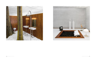A two-page book spread featuring two contrasting, surreal interior scenes. On the left, a bathroom with wood-paneled walls and large tree trunks growing from a white pebble floor next to modern sinks and a shower. On the right, a minimalist concrete room with a sunken pit of black shag carpet, surrounded by an old television, a pink flamingo statue, and two sculptures on pedestals.