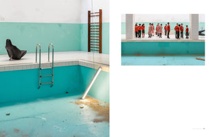 A diptych of photographs showing an empty indoor swimming pool. The large image on the left shows the turquoise pool with a black chair on the deck, a wooden gym ladder on the mint-green wall, and a lit fluorescent tube lying on the dirty pool floor. The smaller image on the right shows a group of schoolchildren in red uniforms standing at the edge of the same empty pool.