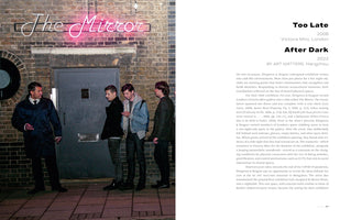 A two-page spread from an art book about the 2008 installation Too Late by Elmgreen & Dragset. The left page shows a nighttime photo of several men standing outside the Victoria Miro Gallery, which has a pink neon sign above the door reading The Mirror, making it look like a nightclub. The right page contains explanatory text about the artwork.