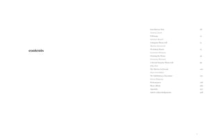 A minimalist table of contents page from a book. The word contents is on the left in a black serif font. On the right, a list of section titles with authors and corresponding page numbers includes Introductory Note, Folkwang, A Surprise Phone Call, Workshop Diaries, Cleaning the House, The Director Is Present, The Exhibition as Encounter, Performances, Photo Album, Appendix, and Artist's Acknowledgements. The page number 5 is at the bottom right.