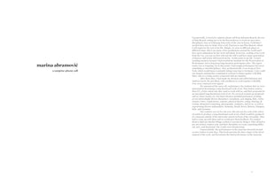 A clean, minimalist two-page spread from a book. The left page features the title marina abramović and the subtitle a surprise phone call, centered with ample white space. The right page contains several paragraphs of text, an essay by the artist, with the page number 13 at the bottom.