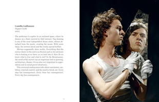 A two-page spread from a book. The left page contains text about the performance Puppet Castle by Camillo Guthmann. The right page features a photo of a young man with curly brown hair in a white tank top and gloves. He holds a large, sharp shard of a mirror and looks at his reflection in profile, while his reflection stares forward out of the mirror against a black background.