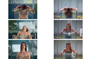 A six-panel grid showing two sequences of a woman interacting with a rectangular glass tank of water. In each sequence, she first submerges her head and then dramatically pulls her head back, splashing water. In the final frames, she stares forward with a serious or shocked expression.