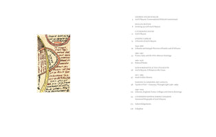 A two-page spread from a book. On the left is a small, hand-drawn illustration with handwritten French text and colorful lines. The right page features the table of contents for a book about the artist Aref el Rayess, listing chapter titles, author names, and page numbers in black print against a white background.