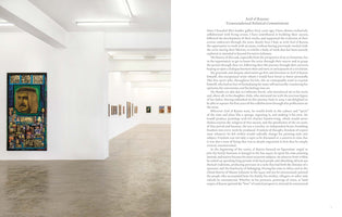 An open book or catalog spread. The left page shows a photograph of a modern art gallery with white walls and a concrete floor. A large, vertical mixed-media artwork featuring a portrait of a man in a keffiyeh hangs on the wall. The right page contains an essay titled Aref el Rayess: Transcendental Political Commitment.