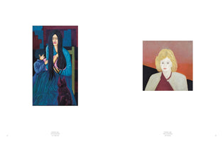 A two-page spread from an art book on a white background. On the left page is a vibrant, stylized painting of a seated woman with long black hair holding a baby, with another child and a dark cat beside her. On the right page is a more muted, modern portrait of a blonde woman against a pink and black background. Captions are visible below each painting.
