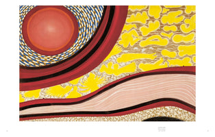 A vibrant abstract painting with distinct, colorful sections. In the top left, a red-orange orb is centered within a ring of blue, white, and gold geometric patterns and thick red and black arcs. This is separated from a field of bright yellow, figure-like shapes on a textured gold background. The bottom features a wide, curving pink form with delicate white lines.