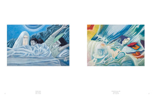 A two-page spread from an art book displays two surrealist paintings from 1966. On the left, a painting in blue tones shows a man sleeping while a child and a weeping, shrouded figure lie awake beside him. On the right, a colorful, abstract painting depicts a figure whose body melds with the fluid, swirling shapes of their bedsheets in a dreamlike state.