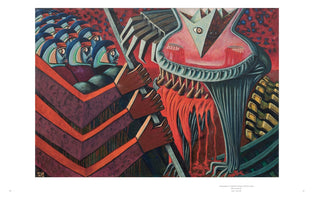A stylized painting in bold colors depicting a confrontation. On the left, rows of uniformed soldiers in blue helmets and purple-and-orange chevron uniforms collectively hold a large spear. They aim it towards a monstrous, crowned figure on the right, which has a wide, gaping mouth with sharp teeth dripping a red substance. The creature's triangular head features two different, mismatched eyes, and the background is a turbulent dark red.