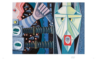 A Cubist-style painting depicting robotic and mechanical forms in shades of blue, green, and grey. On the right, a large, angular, mask-like face has yellow eyes and a single eye within a red square for a mouth. On the left, a second figure with a pink, jagged profile and a striped arm appears to operate complex machinery with two prominent, dark, coiled tubes.