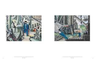A two-page book spread displays two modernist oil paintings from 1978 about the Lebanese Civil War. The left painting shows a man with one leg on crutches standing amid a desolate, angular landscape of grey rubble. The right painting depicts a group of somber figures huddled in a ruined industrial setting, where a boy operates an electrical device in the foreground.