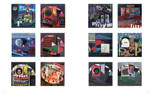 A grid of twelve modernist paintings arranged in three rows and four columns. The artworks share a surreal and geometric style, featuring vibrant colors and depicting a mix of human figures, stylized portraits, crowds, and abstract compositions.