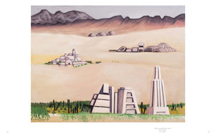 A surreal landscape painting of a vast desert with dark mountains on the horizon. The scene shows three distinct architectural settlements: a traditional white-walled village on the left, low and futuristic domed structures in the center, and large, white geometric buildings including a stepped pyramid and a tower in the green-grassed foreground.