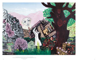A surrealist painting by Hasib Halim El Rayes in a vibrant landscape. A woman in a white dress holds up a large, collapsing block covered in Arabic script. To her left is a carved stone monument and a large, pale face floating in the sky. To her right, a man’s face emerges from the ground at the base of a large, dark tree. The background features pink mountains.
