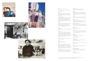 A two-page book spread. The left page shows four photographs of a man: one of him embracing a woman, another of him with two men in front of a large sculpture, a black and white photo of him outside a cafe called Bar Icea Columbia, and another black and white photo of him at a desk in a studio. The right page contains a text timeline of events from 1986 to 2005.