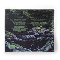 The back cover of a book featuring a painting of a dark river flowing around moss-covered rocks. Light green text in German and English is overlaid on the image, describing the artist's work. A barcode and the publisher's website, hatjecantz.de, are in the lower-left corner.