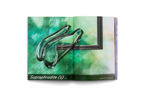 An open art book on a white surface shows a full-page photo of a clear, biomorphic glass sculpture. The sculpture is mounted on a dark gray frame against a vibrant, mottled green background. Text on the page identifies the artwork as Supraphrodite (ii), 2024, on page 118.