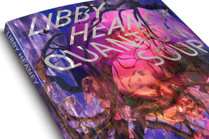 A close-up, angled shot of a glossy book titled Libby Heaney Quantum Soup. The cover features an abstract, vibrant design with shades of pink, purple, and blue, overlaid with a tangled network of dark, thorny branches. The title and author's name are in a large, silver holographic font that reflects light. The book is set against a plain white background.
