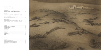 A two-page spread from a book about the artist Alfred Kubin. The left page displays a table of contents in German, while the right page shows a bleak, sepia-toned illustration. The artwork depicts a desolate landscape under a dark sky, with numerous bodies scattered across barren hills leading to a ruined fortress in the distance.