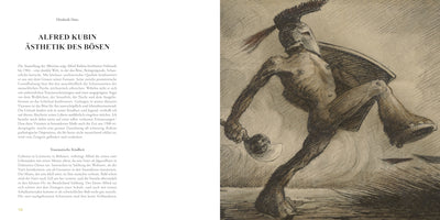 A two-page book spread with German text on the left, titled ALFRED KUBIN ÄSTHETIK DES BÖSEN. The right page features a sepia-toned drawing of a gaunt, muscular warrior in a plumed helmet, lunging forward aggressively while wielding a small axe and carrying a shield on his back.