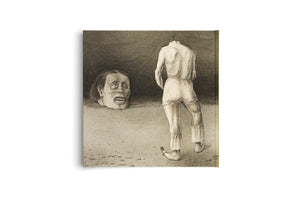 A sepia-toned, surrealist drawing of a headless body standing on barren ground, turned away from the viewer. To the left, a severed head rests on the ground, its face contorted in an expression of anguish with an open mouth and wide eyes looking upwards.
