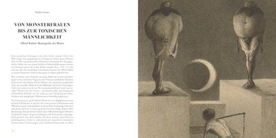 A book spread with German text on the left page and a surreal, monochromatic drawing by Alfred Kubin on the right. The drawing shows two massive, bloated figures with thin legs standing on separate block-like platforms. Below them, a small, emaciated figure carries a pole on their shoulder while on a lower platform. A crescent moon hangs in the dark, textured sky.