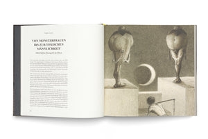 An open book with German text on the left page and a surrealist black-and-white illustration on the right. The drawing features two large, round, monstrous figures standing on stone pedestals. Between them is a crescent moon, and in the foreground, a smaller human figure is hunched over.