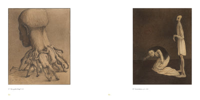 A two-page spread from an art book featuring two sepia-toned drawings. On the left, titled Der große Kopf, is a surreal image of a large head in profile, its neck transforming into the bodies and legs of many small, naked figures walking away. On the right, titled Vertriebene, is a somber scene of a tall, gaunt man in a tunic standing over a distraught woman with long dark hair who is kneeling on the ground.