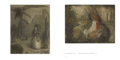 A book page displaying two artworks side by side. On the left is a monochrome drawing of a person in a desert with cacti, looking up at a large, winged creature in the sky. On the right is a color painting of a princess in an ornate, colorful gown sitting in a lush, dark park.