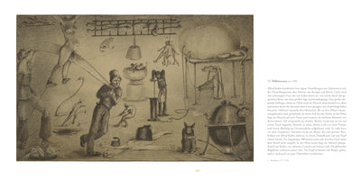 A page from a book featuring Alfred Kubin's 1900 ink drawing, Höllenszenen. The black and white, surrealist composition depicts a crowded and chaotic hellscape. Various human and demonic figures are subjected to bizarre tortures using strange machinery, including a pregnant woman being sawn apart, bodies stretched on racks, and figures being churned in vats, in a style reminiscent of Hieronymus Bosch.