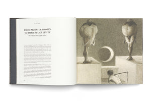 An open book displayed on a white surface. The left page features text with the title FROM MONSTER WOMEN TO TOXIC MASCULINITY. The right page displays a surreal, monochromatic illustration of two large, grotesque figures on pedestals, with a crescent moon between them and a smaller figure operating a device below.