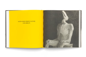 An overhead shot of an open book. The left page is bright yellow with the capitalized black text ALIENATION FROM NATURE AND ORIGIN. The right page has a grainy, black-and-white illustration of a stylized, seated figure with an elongated, featureless head against a dark background.