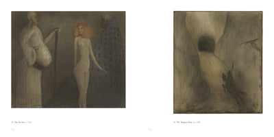 An open art book displays two paintings in a muted, somber style. On the left, titled The Fat Sin, a robed figure with a large belly and a staff stands beside a nude woman with red hair. On the right, a darker, abstract painting titled The Trapped Man depicts a figure seemingly emerging from a confining space.
