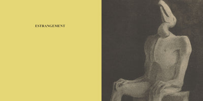 A two-panel image. The left panel is solid pale yellow with the word ESTRANGEMENT in black capital letters. The right panel is a dark, textured, monochrome drawing of a seated, bare-chested figure whose head is an abstract, elongated, and featureless form.