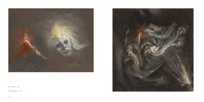 A book page displays two dark, atmospheric paintings by Alfred Kubin, dated circa 1906. On the left, Vision shows a ghostly, disembodied head with spiky blond hair and closed eyes. On the right, Fireworks is an abstract, swirling composition of ethereal, light-filled forms against a black background.