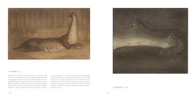 A two-page spread from an art book featuring two monochrome, surreal drawings. On the left, page 128 shows a drawing titled The Brood, depicting an elongated, cat-like creature with a long neck nursing a litter of its young. On the right, page 129 shows a drawing titled Wrong Way, which portrays a monstrous creature with a human head and a long, scaly, serpentine body moving through a dark landscape.