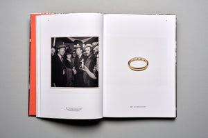 An open book is laid flat, showing pages 30 and 31. The left page features a black-and-white photograph of a wedding party from 1946. The right page displays a color photograph of a simple gold wedding band, engraved on the inside, set against a plain white background.